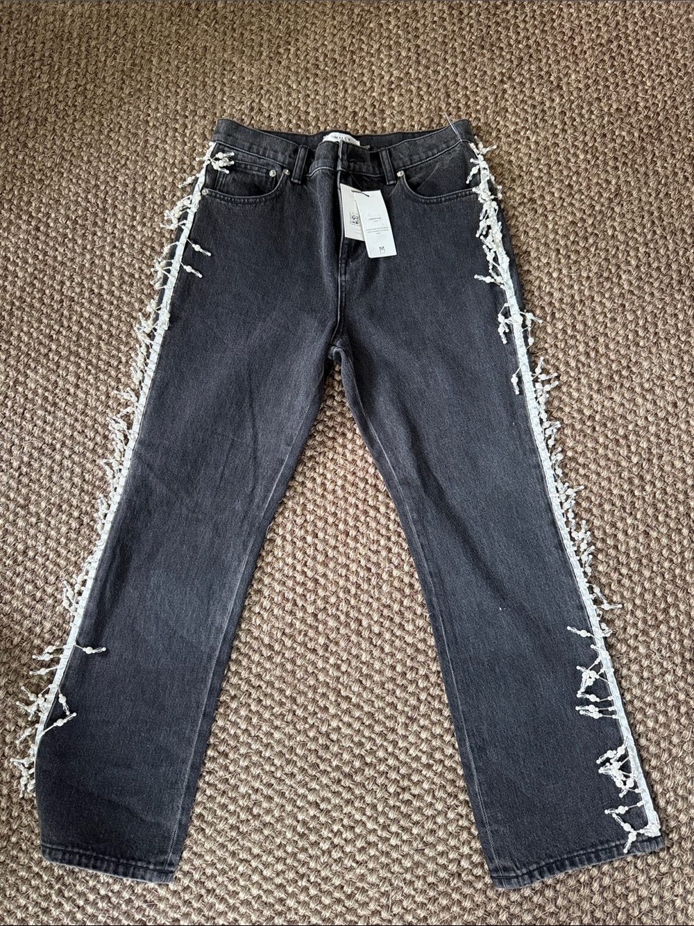 Milly Black Straight-Leg Jeans with White Fringe Trim